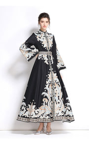 High Quality High Neck Print Flared Long Sleeve High Waist Sexy Elegant Dress