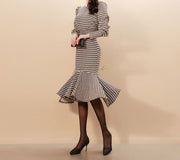 Two Piece Set Long Sleeve Tops and Mid-Calf Bodycon Mermaid Skirts, High Quality Wavy Striped