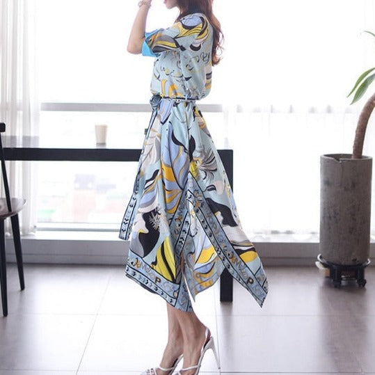 High Quality Three Quarter Sleeve Vintage Print Elegant Maxi Dress