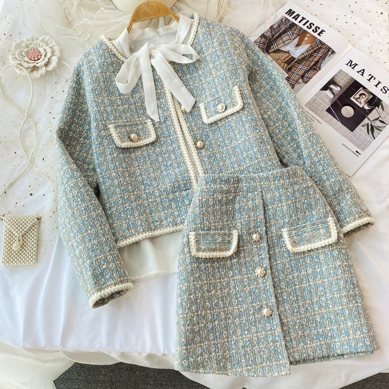 2 Piece Set Elegant Vintage Plaid Tweed Long Sleeve Jackets Coat + Mini A-line Skirts