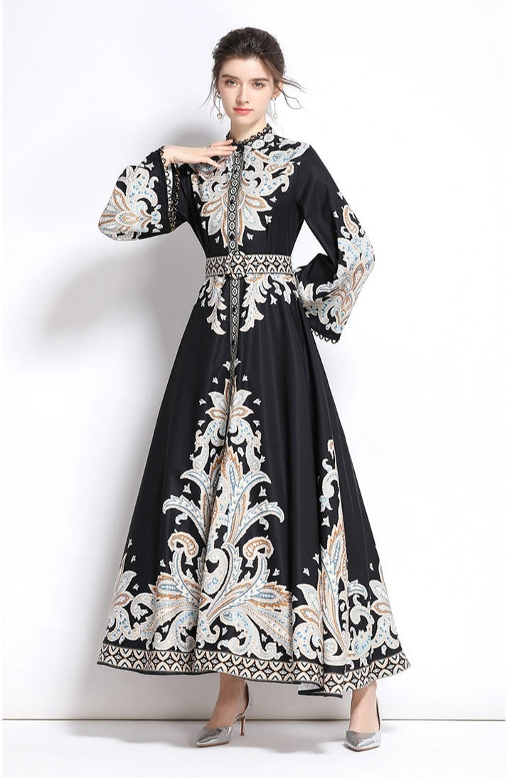 High Quality High Neck Print Flared Long Sleeve High Waist Sexy Elegant Dress