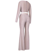 Pink 2 Piece Set Sexy Glitter Draped Long Sleeve Top and Pants