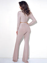 Pink 2 Piece Set Sexy Glitter Draped Long Sleeve Top and Pants