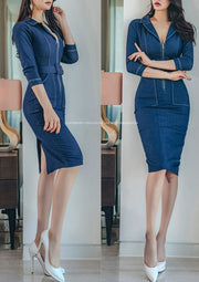 Fashion Zipper Slim Pencil Dress Womens Occupation Simple V-Neck Elegant Office Lady Denim Dresses