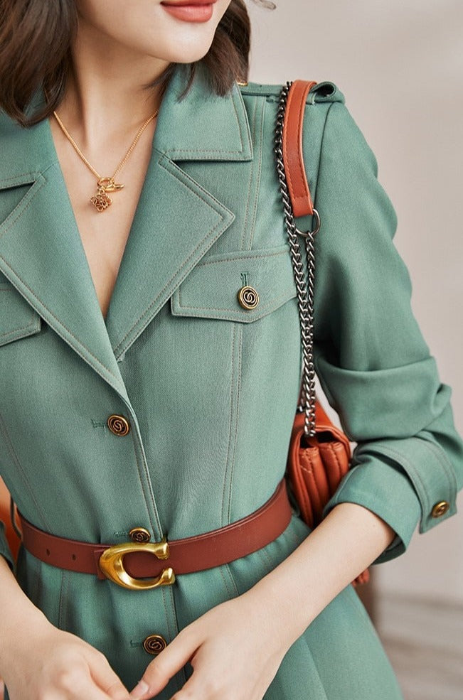 Women's Collared Belted Midi Shirt Dress - Button Up, Long Sleeve, With Pockets, Business Casual