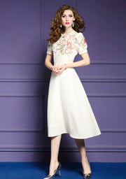 High Quality Vintage Designer Knee Length Short Sleeve Floral Embroidery Elegant Dress