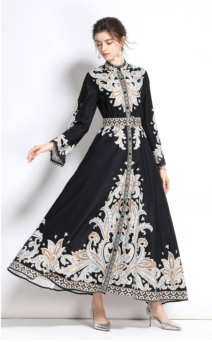 High Quality High Neck Print Flared Long Sleeve High Waist Sexy Elegant Dress