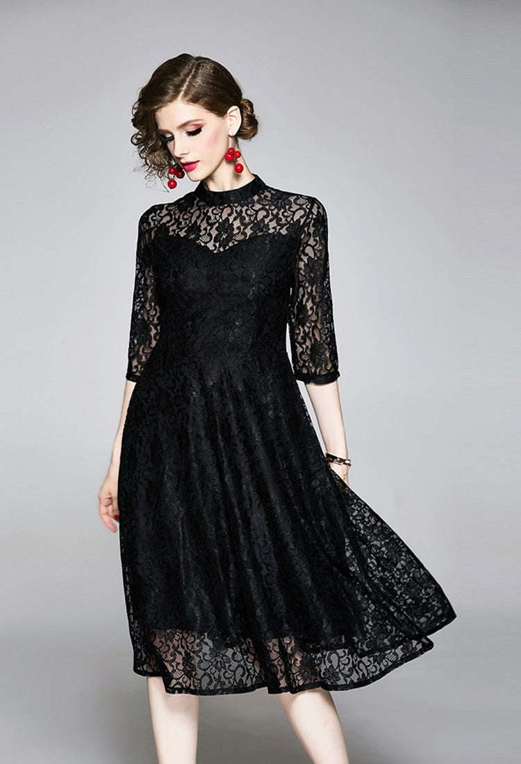 High Quality Red and Black Vintage Designer Elegant Lace Dress