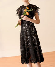 High Quality Hollow Out Midi Elegant Vintage Lace Black Dress