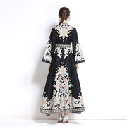 High Quality High Neck Print Flared Long Sleeve High Waist Sexy Elegant Dress