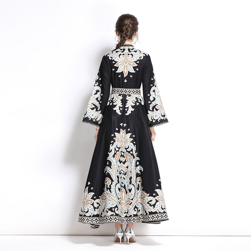 High Quality High Neck Print Flared Long Sleeve High Waist Sexy Elegant Dress