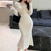 2 Piece Set Elegant Lace V Neck Puff Sleeve Crop Tops + High Waist Mermaid Bodycon Skirt