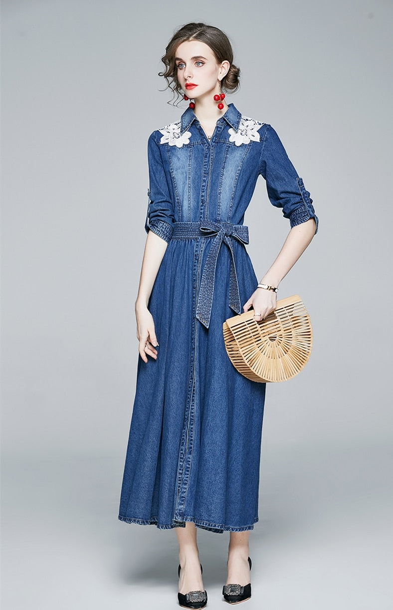 Elegant Three Quarter Sleeve Dress with High Quality Ties Blue / XXL Elegant Three Quarter Sleeve Dress with High Quality Ties Blue / XXL