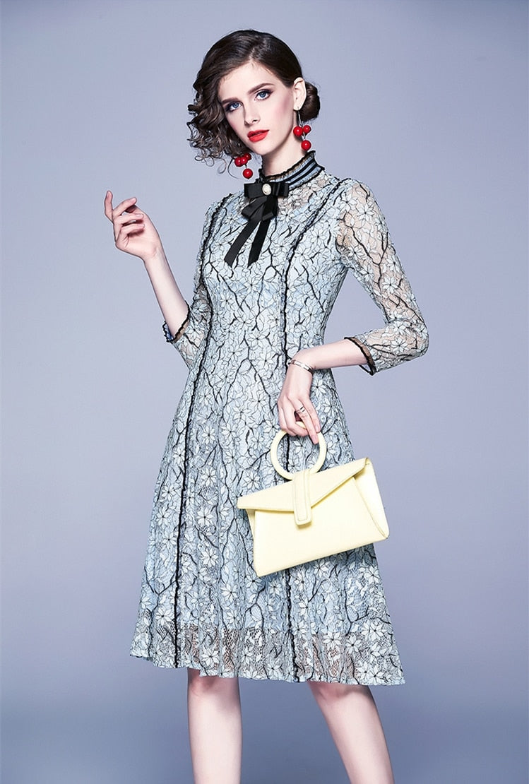 High Quality Vintage Bowknot Sleeves Lace Dress