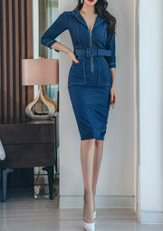 Fashion Zipper Slim Pencil Dress Womens Occupation Simple V-Neck Elegant Office Lady Denim Dresses