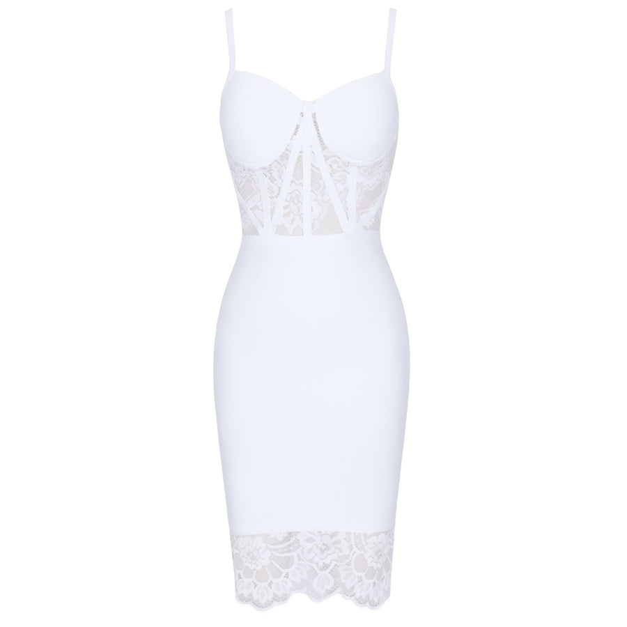 White Lace Bodycon Bandage Dress Above Knee Spaghetti Straps