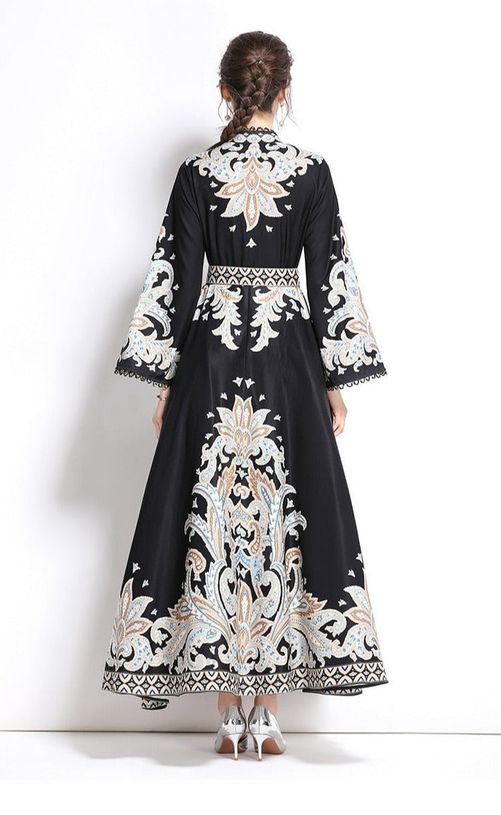 High Quality High Neck Print Flared Long Sleeve High Waist Sexy Elegant Dress