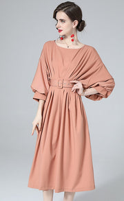 High Quality  Round Neck Long Lantern Sleeve Belted Loose Slim Pleated Dress