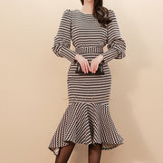 Two Piece Set Long Sleeve Tops and Mid-Calf Bodycon Mermaid Skirts, High Quality Wavy Striped