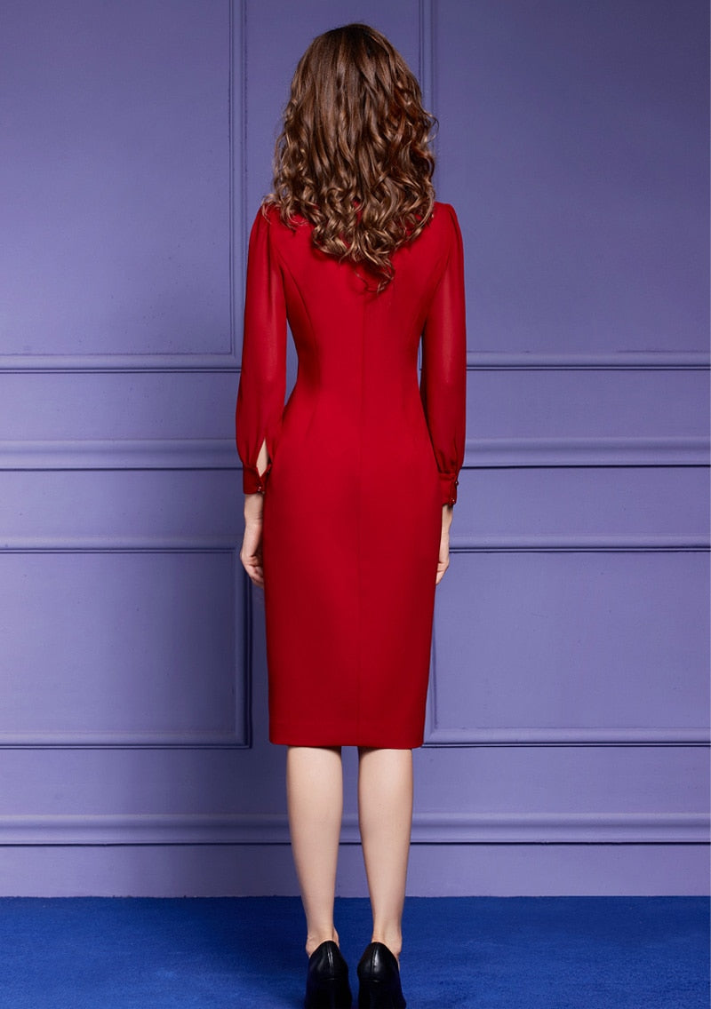 Exquisite Long Sleeve High Neck Red Beaded Long Evening Dress