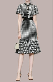 High Quality Knee Length Plaid Short Sleeve Print Dresses