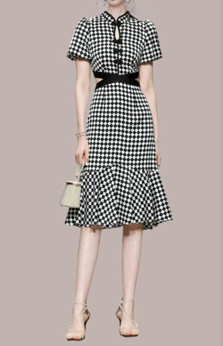 High Quality Knee Length Plaid Short Sleeve Print Dresses