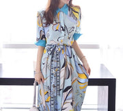 High Quality Three Quarter Sleeve Vintage Print Elegant Maxi Dress