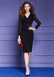 High Quality Multi Color Long Sleeve V Neck Elegant Beaded Dress