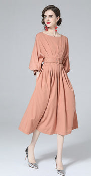 High Quality  Round Neck Long Lantern Sleeve Belted Loose Slim Pleated Dress