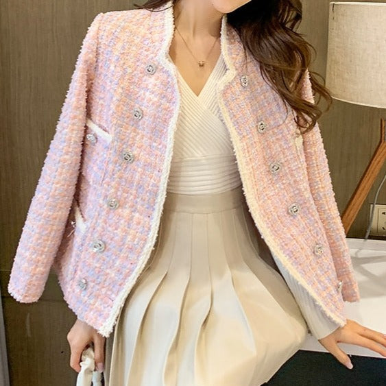 Elegant Vintage Double Breasted Pearls Jacket