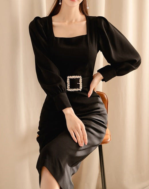 High Quality Long Sleeves Bodycon Office Black Elegant Dress Black / M High Quality Long Sleeves Bodycon Office Black Elegant Dress Black / M