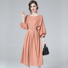 High Quality  Round Neck Long Lantern Sleeve Belted Loose Slim Pleated Dress