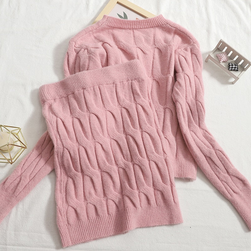 Sexy O Neck Knitted Sweater 2 Piece Set Crop Top + Bodycon Mini Skirt