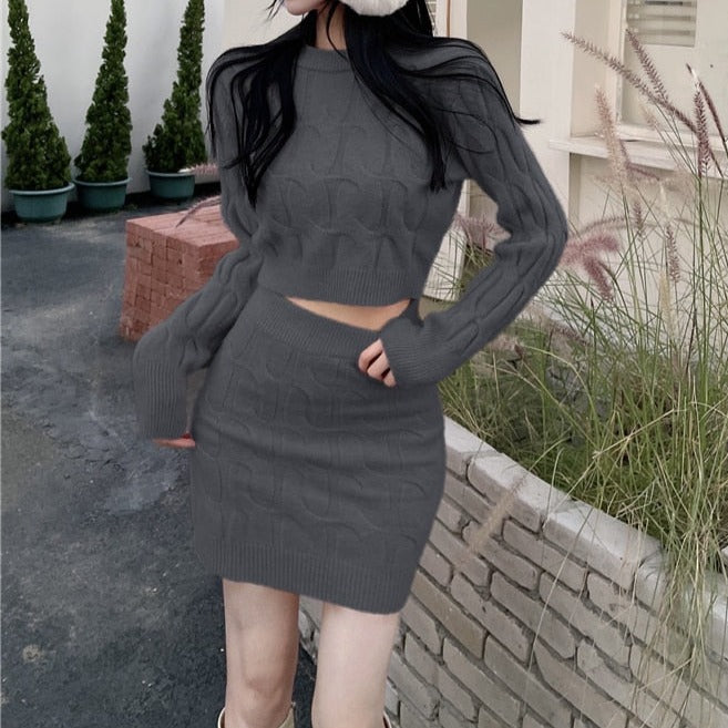 Sexy O Neck Knitted Sweater 2 Piece Set Crop Top + Bodycon Mini Skirt photo color / One Size Sexy O Neck Knitted Sweater 2 Piece Set Crop Top + Bodycon Mini Skirt photo color / One Size