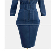 Fashion Zipper Slim Pencil Dress Womens Occupation Simple V-Neck Elegant Office Lady Denim Dresses