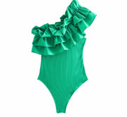 Sexy Pleated Ruffle One Shoulder Green Asymmetrical Bodycon Jumpsuits