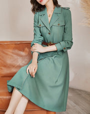 High Quality Belted Pocket Midi Long Sleeves Business Shirt Dress