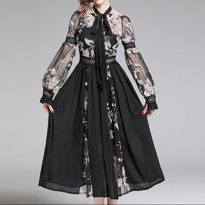 Women Luxury Embroidery Mesh Dress Festa Female Cocktail Party Robe High Quality Neck Ostrich Feather Designer Vestidos