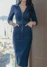 Fashion Zipper Slim Pencil Dress Womens Occupation Simple V-Neck Elegant Office Lady Denim Dresses