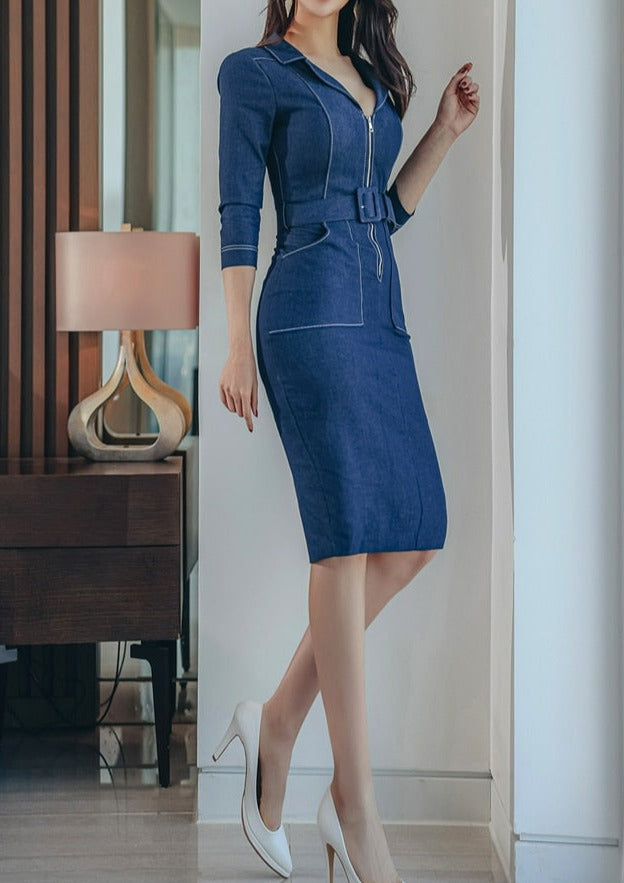 Fashion Zipper Slim Pencil Dress Womens Occupation Simple V-Neck Elegant Office Lady Denim Dresses