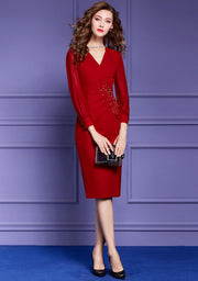 High Quality Multi Color Long Sleeve V Neck Elegant Beaded Dress