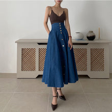 Casual Blue High Waist Single Breasted Midi Long Skirt