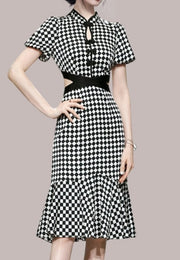 High Quality Knee Length Plaid Short Sleeve Print Dresses