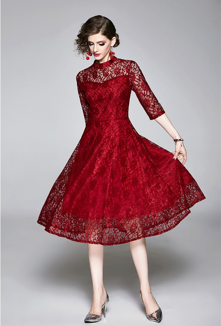 High Quality Red and Black Vintage Designer Elegant Lace Dress Red / M High Quality Red and Black Vintage Designer Elegant Lace Dress Red / M