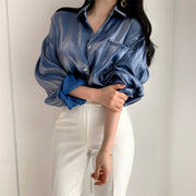 Lapel Buttons Legant Puff Sleeve Casual Blouse