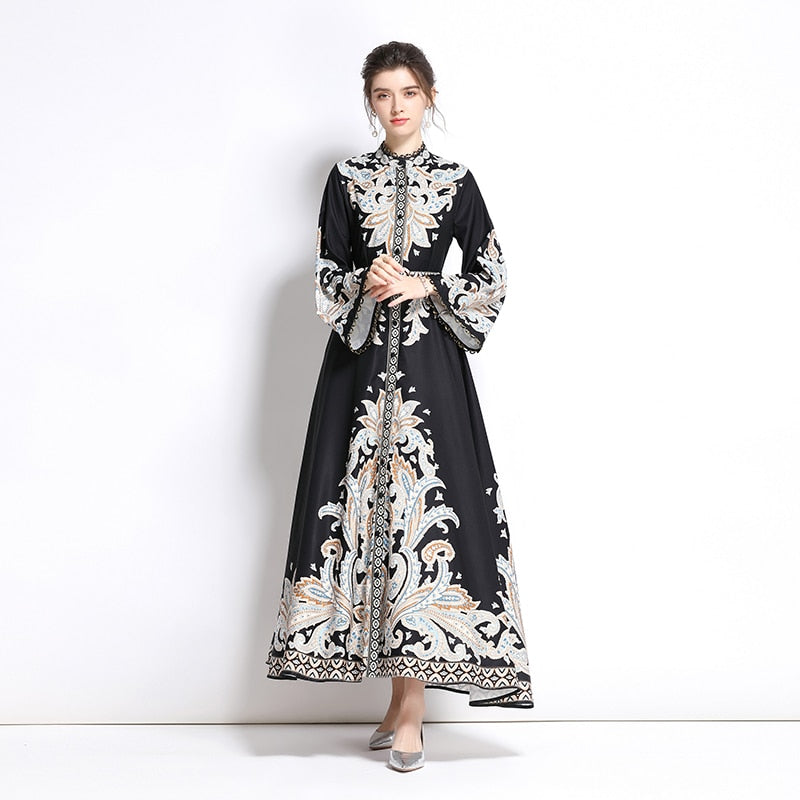 High Quality High Neck Print Flared Long Sleeve High Waist Sexy Elegant Dress