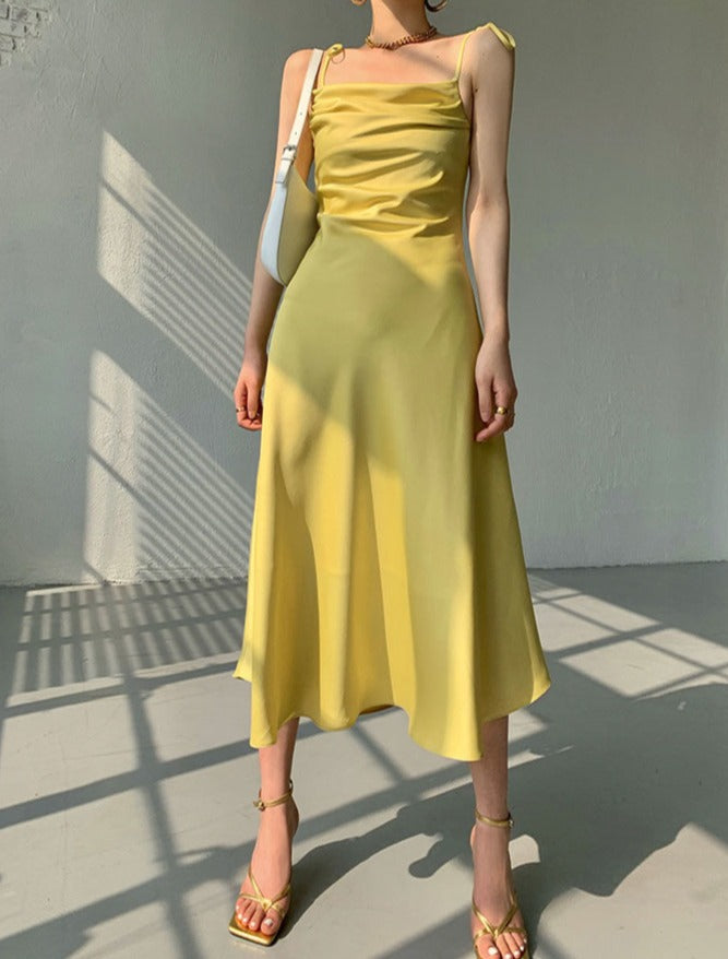 High Quality Square Neck Sleeveless Sexy Elegant Midi Dress