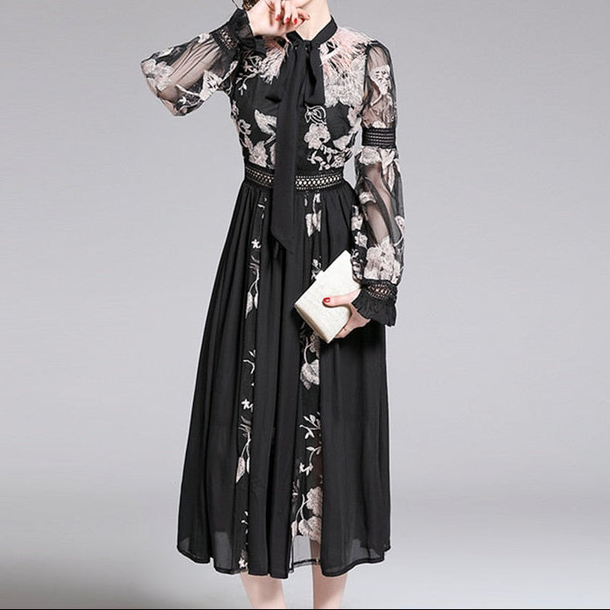 Women Luxury Embroidery Mesh Dress Festa Female Cocktail Party Robe High Quality Neck Ostrich Feather Designer Vestidos