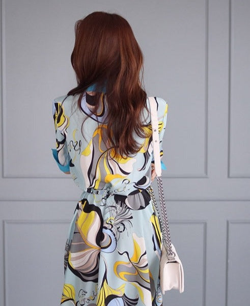 High Quality Three Quarter Sleeve Vintage Print Elegant Maxi Dress