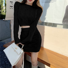 Sexy O Neck Knitted Sweater 2 Piece Set Crop Top + Bodycon Mini Skirt